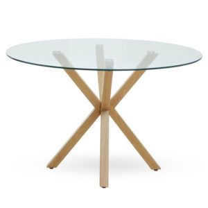 Sawford Round Clear Glass Dining Table With Ash Wooden Legs