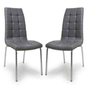 Justin Grey Faux Leather Dining Chairs With Chrome Legs In Pair