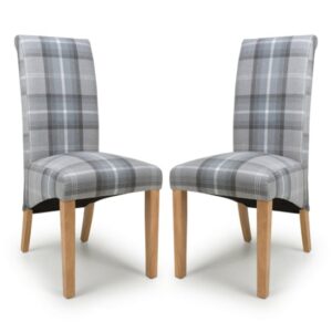 Kaduna Check Grey Fabric Dining Chairs With Oak Legs In Pair