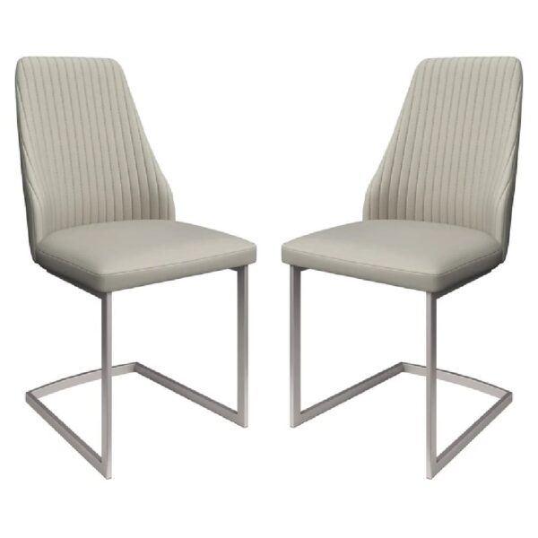 Madrid Light Grey Leather Dining Chairs With Steel Legs In Pair